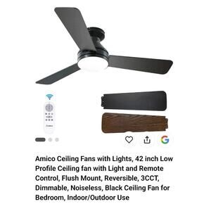Amico 42 inch Low Profile Ceiling Fan with Light and Remote Control, 3CCT